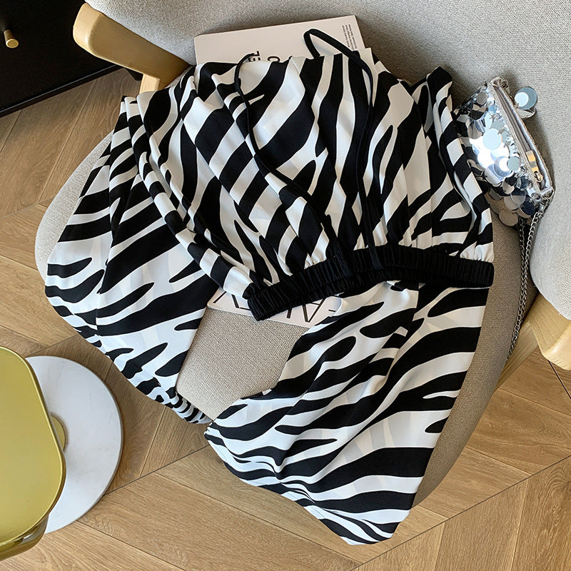 Gestreifte Hose im Zebra „Look“ mit Kordelzug,coole Hose mit bedruckter Seide und Chiffon, Strandbekleidung