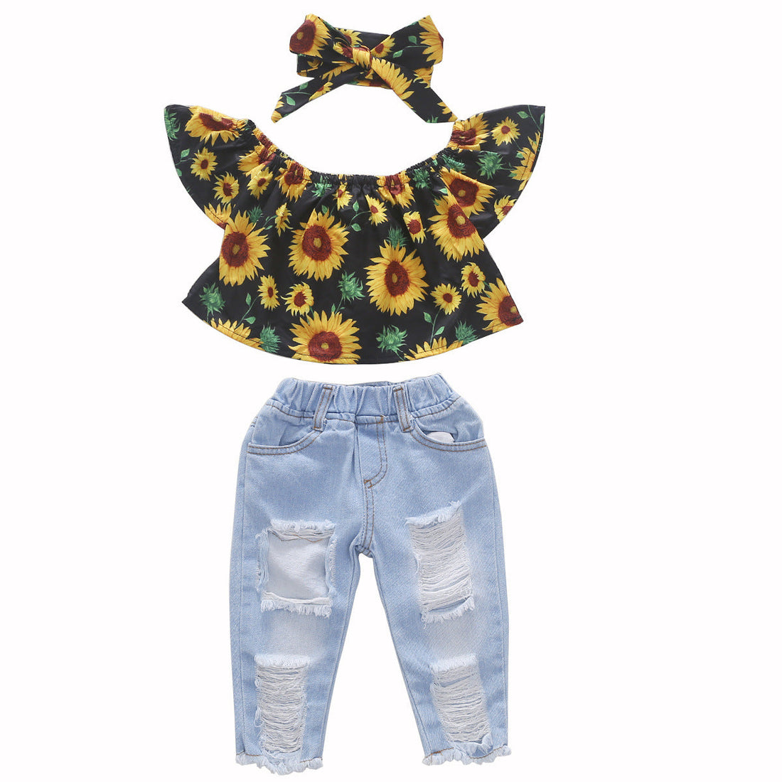 Mädchen Dreiteiliges Set Sonnenblume Denim Hose Bandana