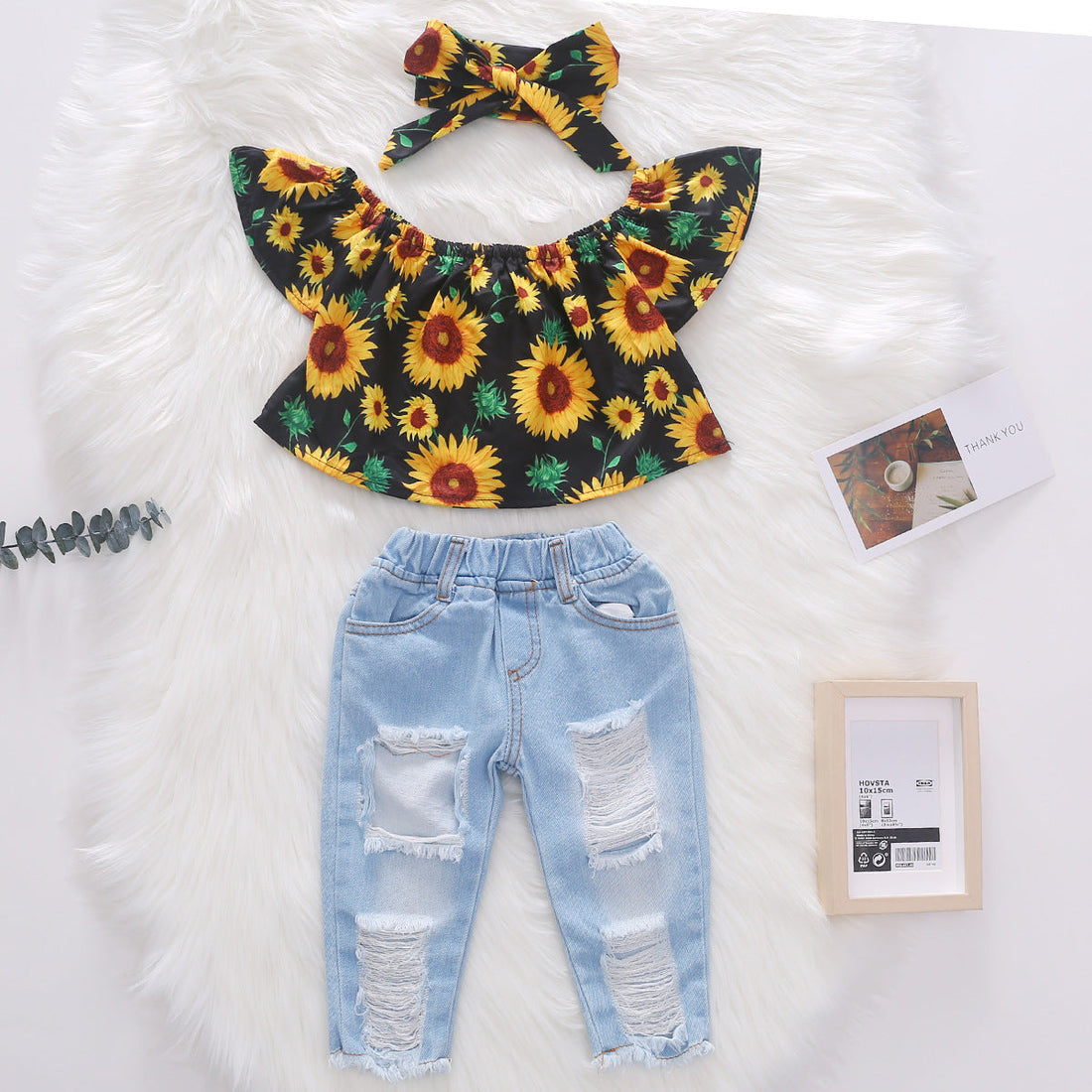 Mädchen Dreiteiliges Set Sonnenblume Denim Hose Bandana