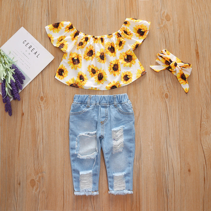 Mädchen Dreiteiliges Set Sonnenblume Denim Hose Bandana