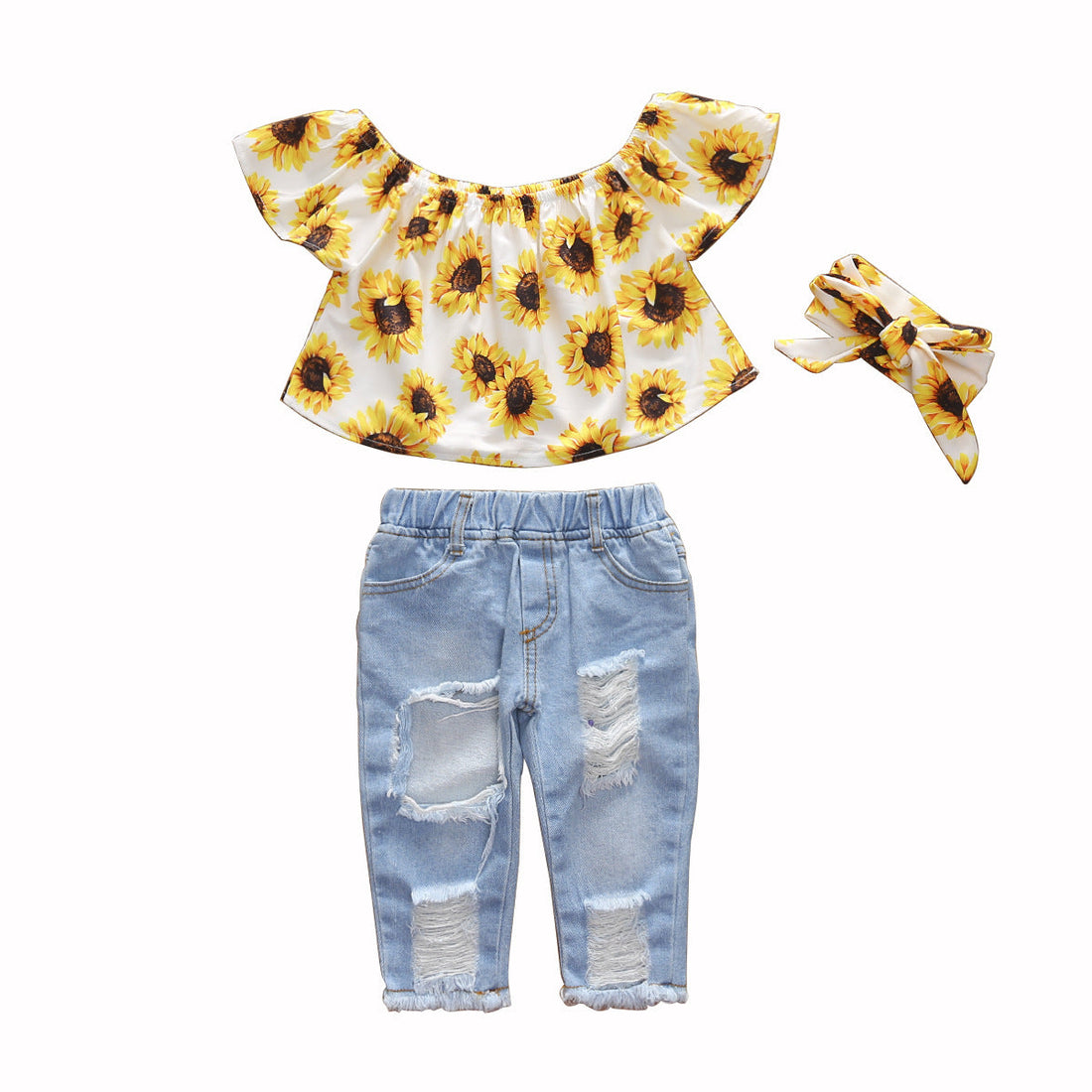 Mädchen Dreiteiliges Set Sonnenblume Denim Hose Bandana