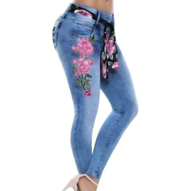 Frauen Stretch Hohe Taille Dünne Stickerei Jeans